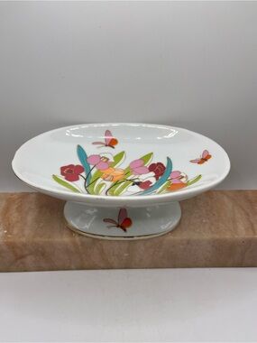 Lenwile Ardalt Flowers Butterflies Ceramic Pedestal Soap Dish